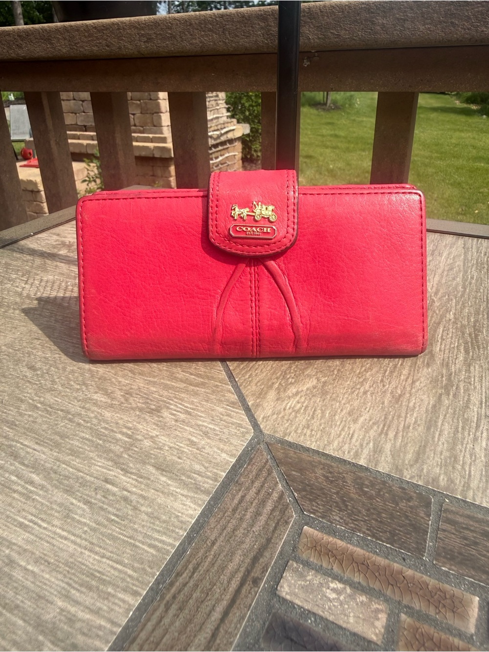Coach Red Leather Continental Wallet with Gold Tone Logo